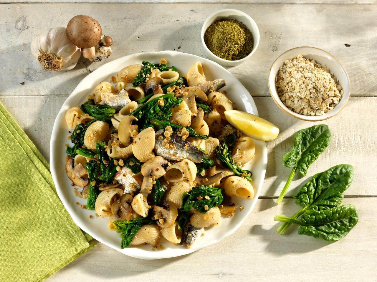 Pâtes escargots aux sardines, champignons et épinards Pâtes escargots aux sardines, champignons et épinards